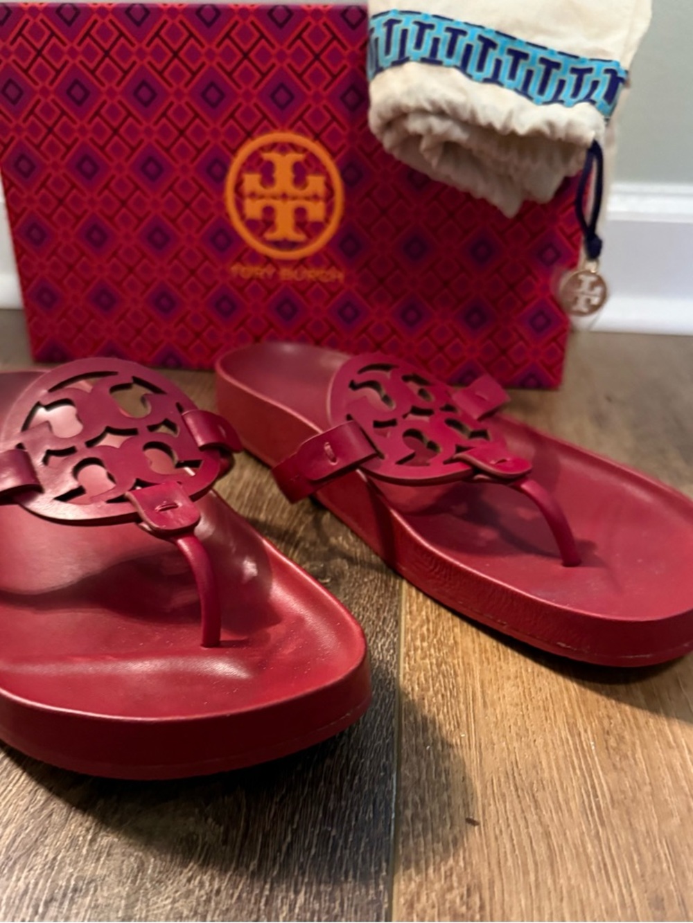 Tory Burch Red Miller Logo Thong Sandals with original bag and shoe box